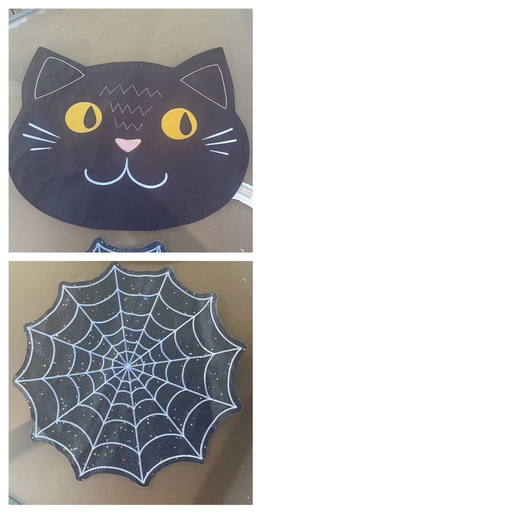 2 black halloween placemats - kitty cat and glitter sparkle spider web